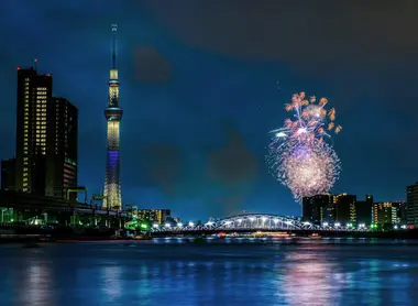 The fireworks of the Tokyo Bay Fireworks near the Tokyo Sky Tree.