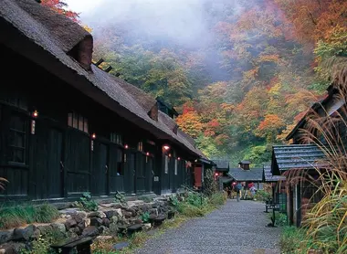 Les bassins du onsen Tsurunoyu, leurs toits de chaume, et les couleurs des érables en arrière-plan.