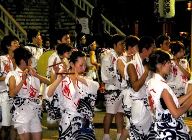 Players of Awa Odori festival flute, Tokushima.