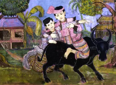 "Coppia su una bufalo" tavola di Saya Kha (tardo XIX secolo, Birmania) in mostra al Museo di Arte Asiatica di Fukuoka.