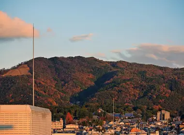 Mount Daimonji from the city of Kyoto. On the left side you can see the symbol of the fire which blazes for the Daimon-ji Gozan Okuribi festival.