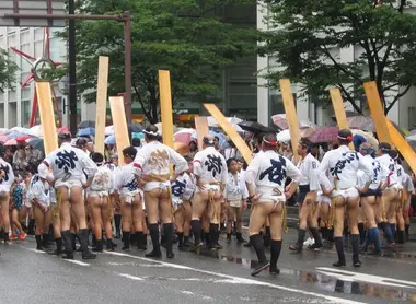 Keeping wearers Yamakasa traditional folklore Hakata Gion festival Yamakasa.