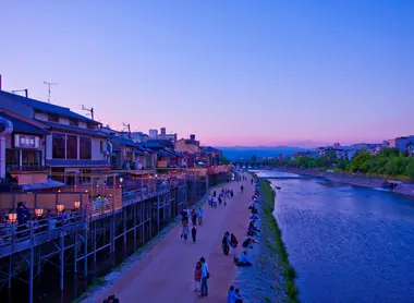 The stroll along the Kamo River in Kyoto can be done on foot or by bicycle.