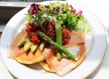 Pancake can be eaten with some vegetables, meat or fish Pancake can be eaten with some vegetables, meat or fish