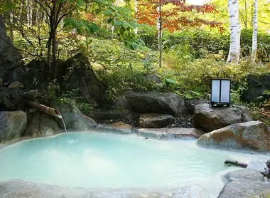 Un rotenburo (onsen en extérieur) pouvant être réservé pour un usage privé