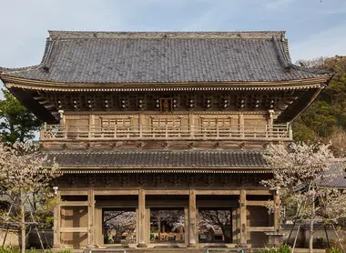 La grande porte du Kômyô-ji à Kamakura au moment des cerisiers en fleur La grande porte du Kômyô-ji à Kamakura au moment des cerisiers en fleur