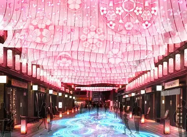 Spectacles avec projection, son et lumière sur le thème des cerisiers en fleurs à la sakura nihonbashi gate