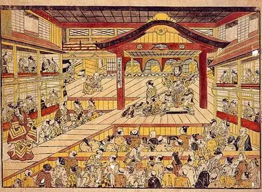 Théâtre Kabuki (1743). Estampe de Okumura Masanobu Théâtre Kabuki (1743). Estampe de Okumura Masanobu