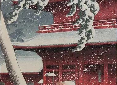 Le temple Zozo-ji à Shiba sous la neige (1925). Estampe de Hasui Kawase 