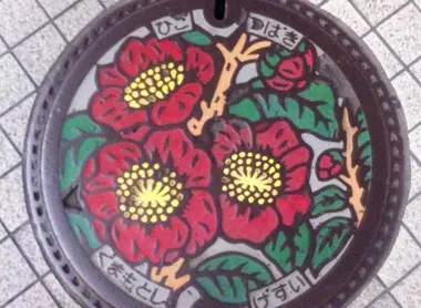 Une plaque d'égout ornée de fleurs d'hibiscus