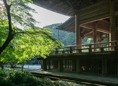 Myohon-ji, Kamakura Vue du soshi-dō, le « bâtiment du fondateur », entouré de verdure.