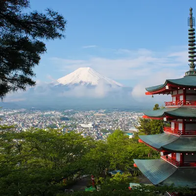 Pagoda with Mt Fuji in the background. 