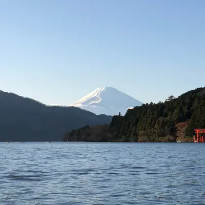 Lake Ashi, Hakone, with a red Torii in the water