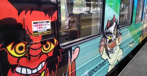 A Red Demon and a White Fox, Iwami Kagura Line, Gotsu Station, Shimane A Red Demon and a White Fox, Iwami Kagura Line, Gotsu Station, Shimane