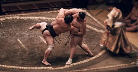 Rikishi wrestling in the dohyo