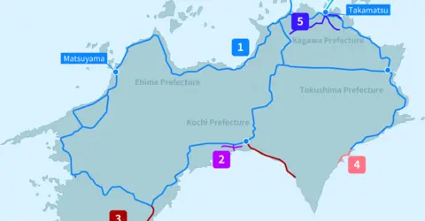 Map showing valid train routes and areas for the All Shikoku Rail Pass.