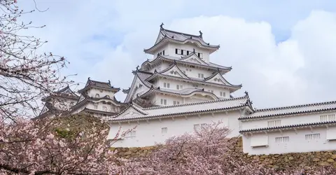 Le château Himeji au printemps, entouré de cerisiers en fleurs