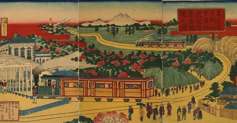 Vue des chemins de fer Ueno-Nakasendo depuis la gare d'Ueno, par Tsukemichi Nogawa (1885) Vue des chemins de fer Ueno-Nakasendo depuis la gare d'Ueno, par Tsukemichi Nogawa (1885)