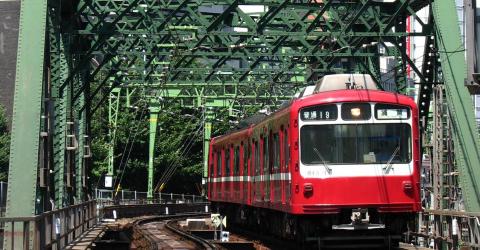 Un train de la Keikyû sur le pont de Shinagawa, depuis le passage à niveau