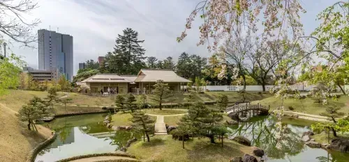 Pond with bridges over in a garden in Kanazawa