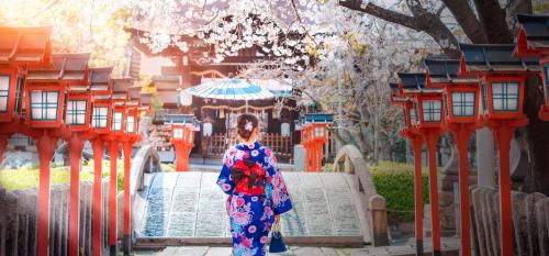 Donna giapponese sotto la fioritura dei ciliegi (sakura) in un santuario di Kyoto