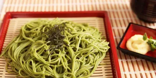 Soba, Japanese buckwheat noodle, made with green matcha tea