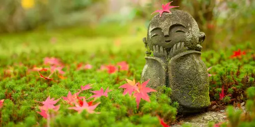 Hoja de arce rojo en la cabeza del pequeño monje budista japonés doll rock en el jardín japonés