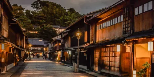 Traditional geisha quarter with old wooden houses in Kanazawa, Japan 