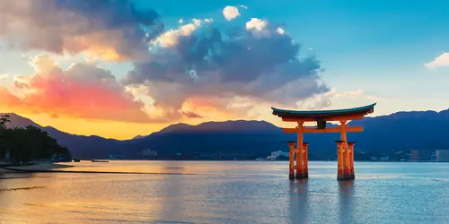 This famous vermilion "torii" gate is located at the entrance to Miyajima Island off the coast of Hiroshima