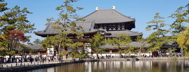 Looking across a large pond to Todaiji Temple