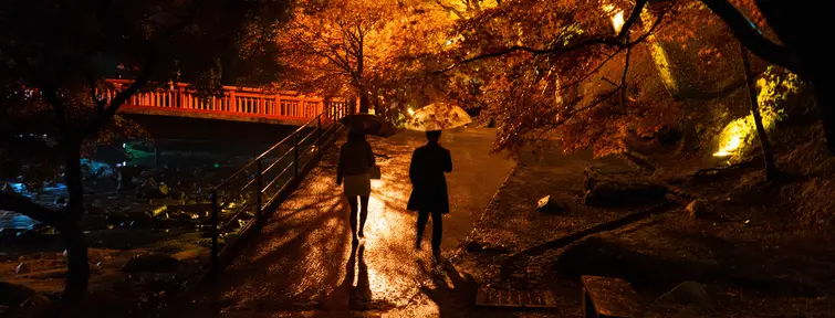 Couple se baladant au Korankei pendant les illuminations d'automne 
