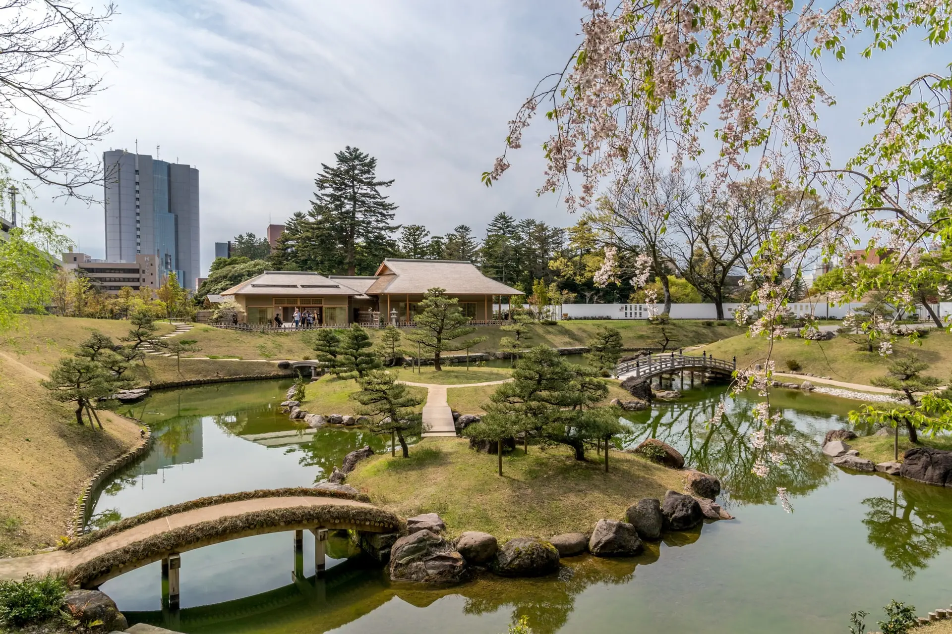 Pond with bridges over in a garden in Kanazawa
